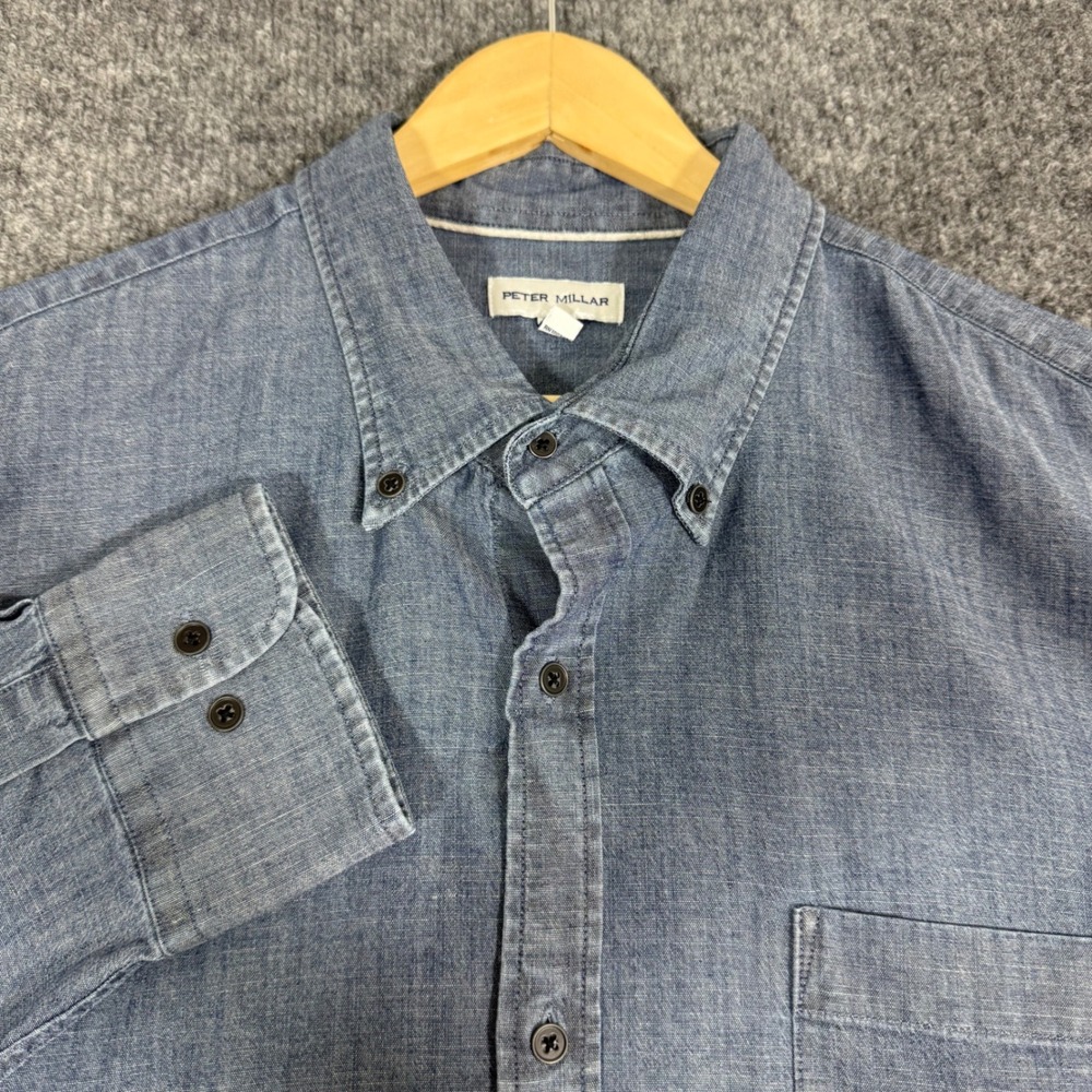 Peter Millar Chambray Button Down Shirt Long Sleeve Mens XL Blue Stretch EUC